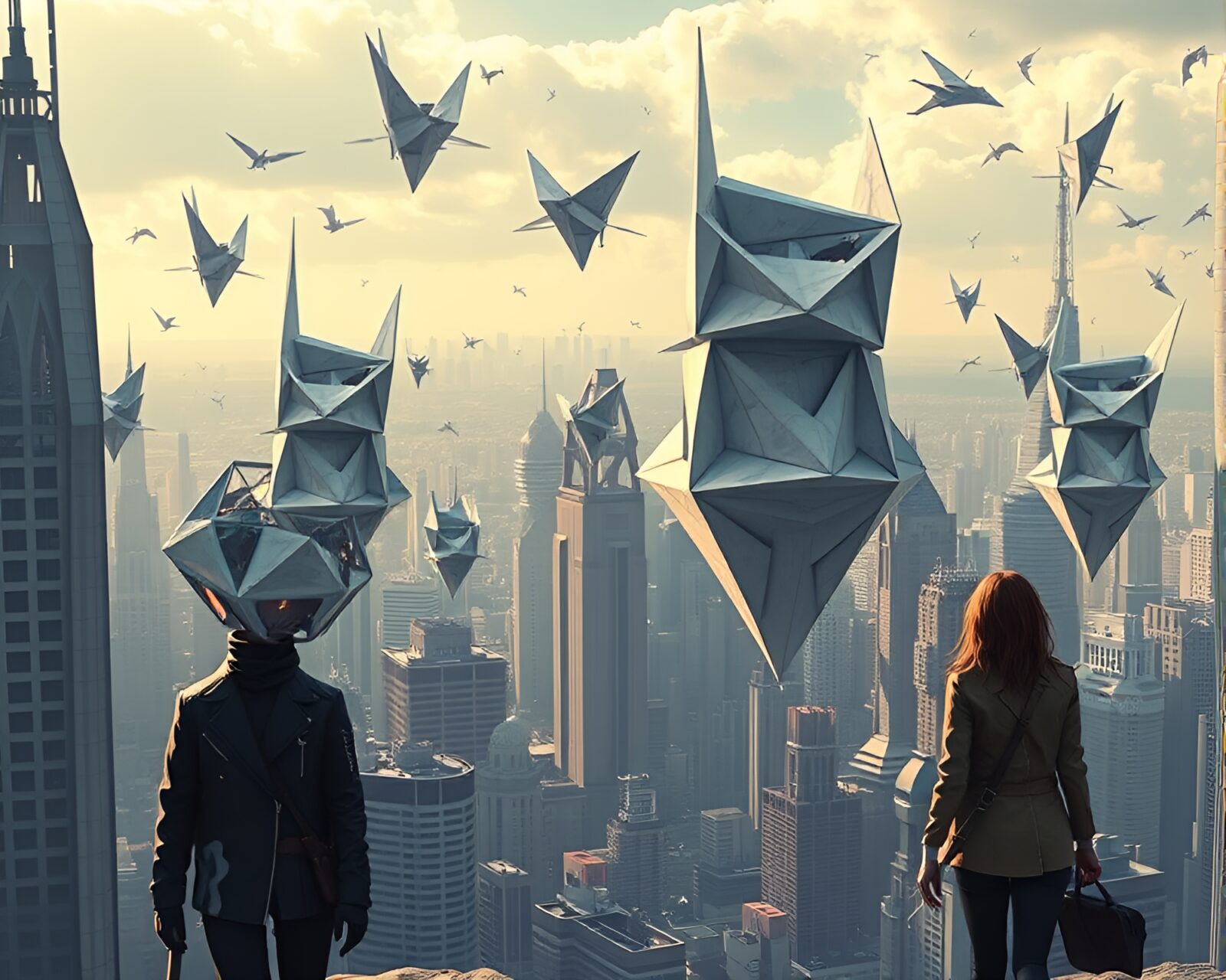 Intricate origami buildings in a dark futuristic city