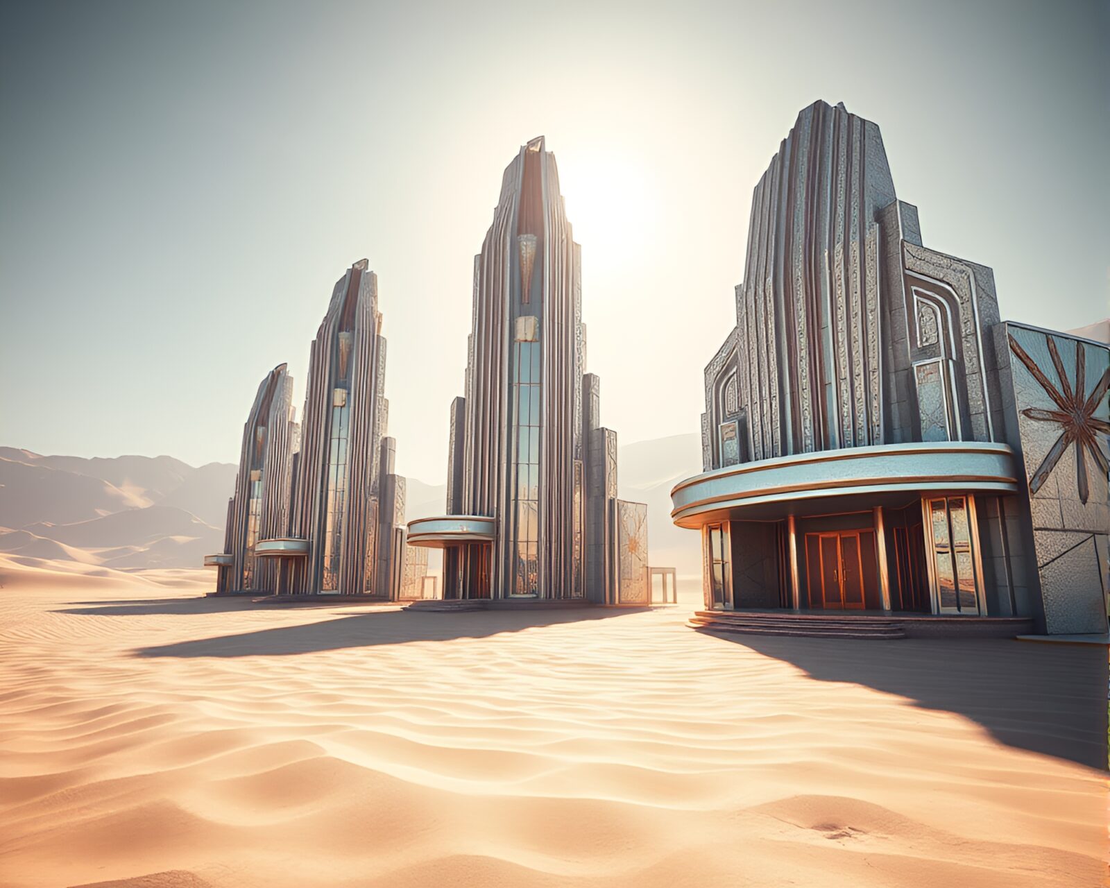 Surreal Art Deco structures gleaming under desert sun