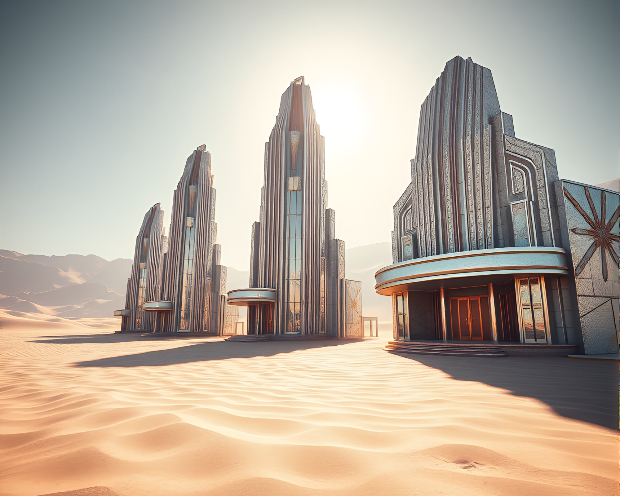 Forgotten Art Deco Monuments in Metallic Sand Desert – free AI stock image