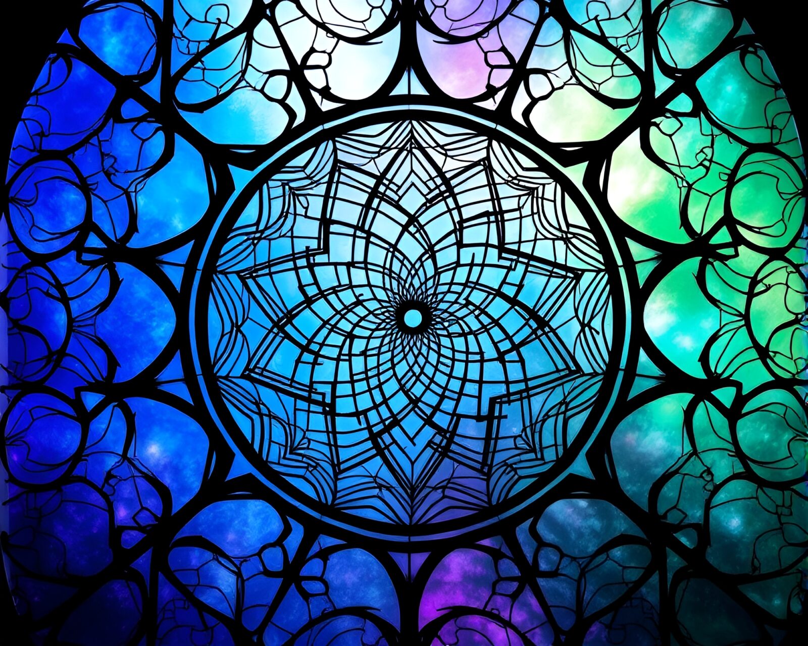 Captivating stained glass window with swirling webs in blues