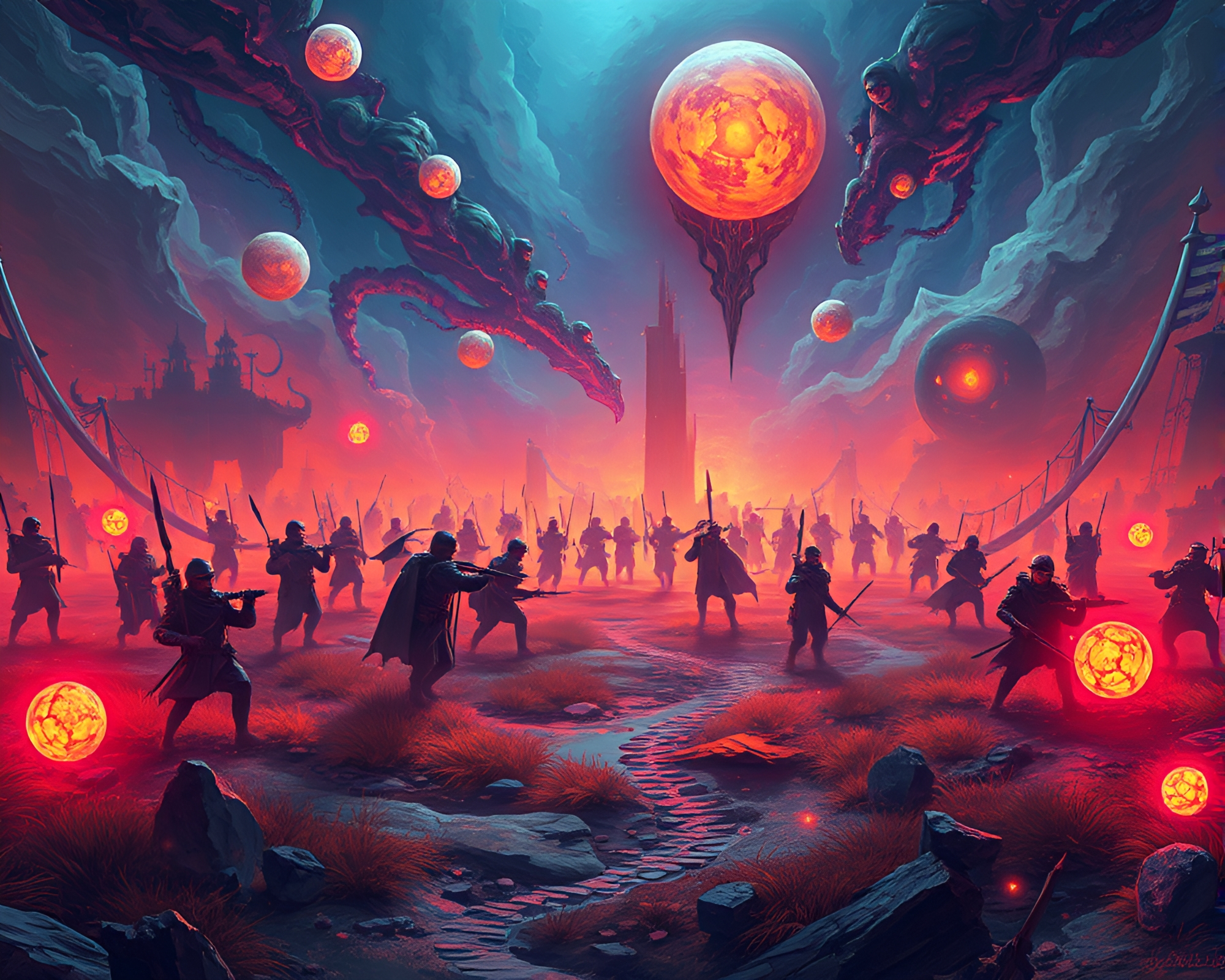 Ethereal Surreal Battlefield with Glowing Soldiers and Orbs – free AI stock image