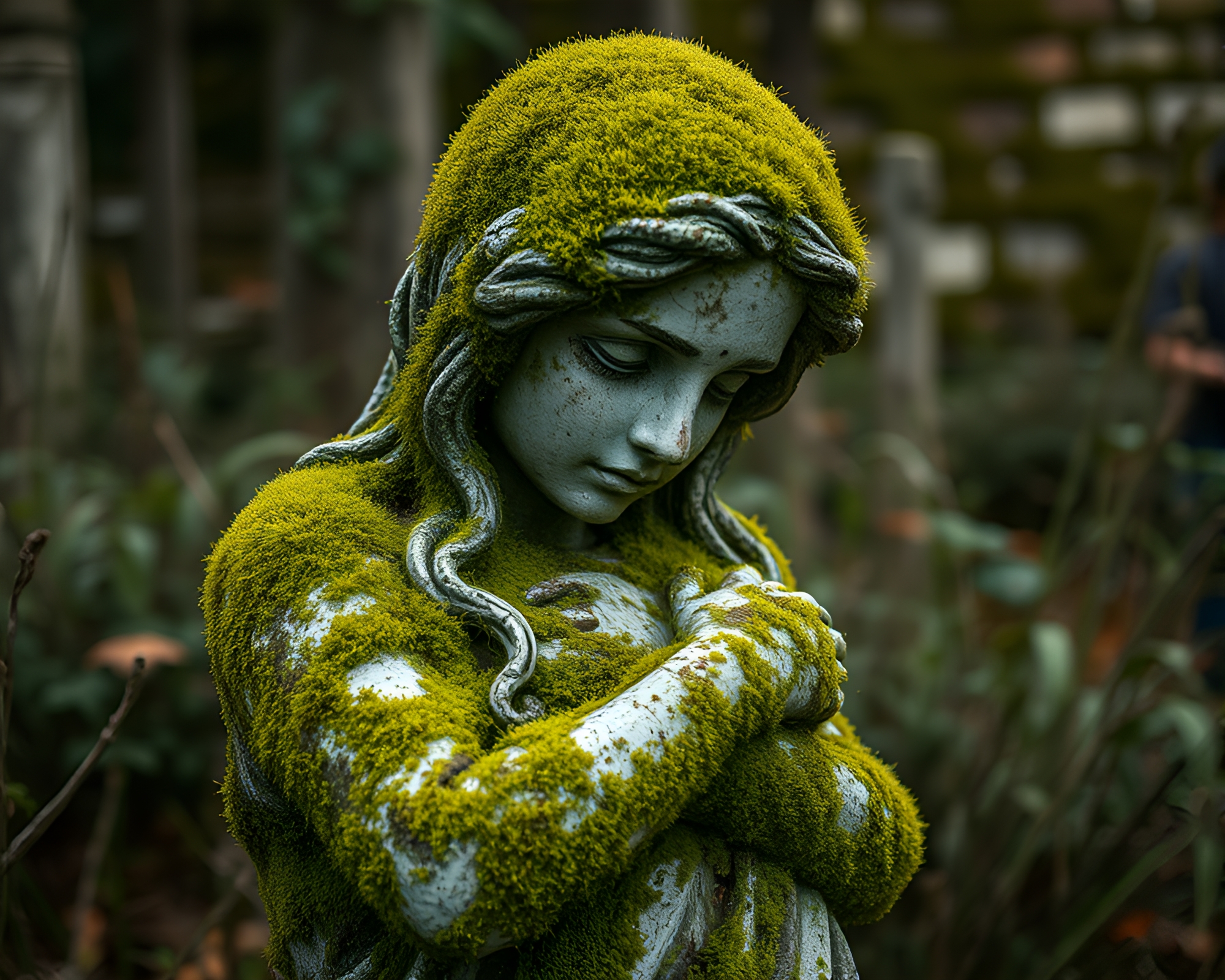 Forgotten Garden Statue Embraced by Nature’s Embrace – free AI stock image