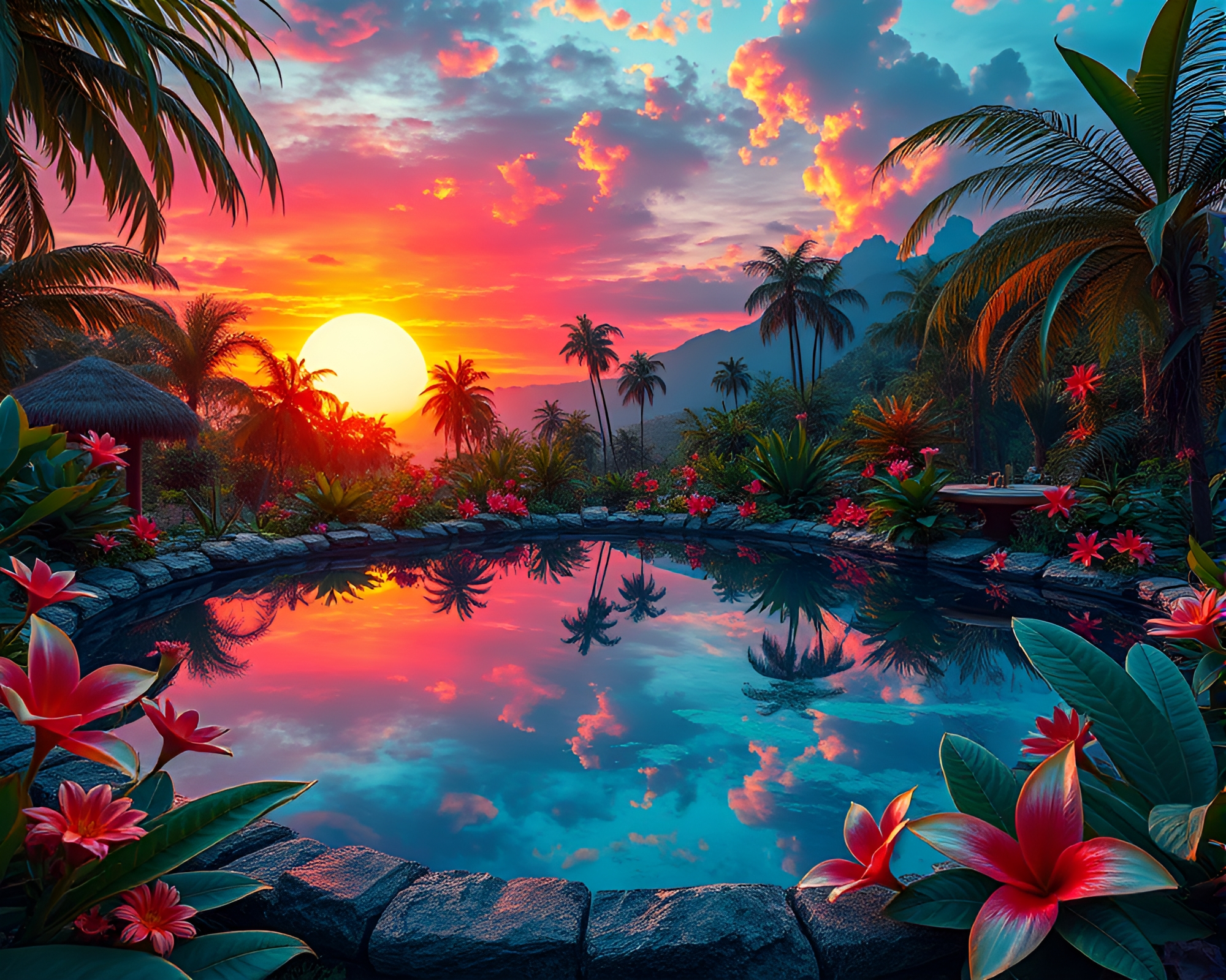 Vibrant Technicolor Sunset Reflects in Crystal-Clear Oasis – free AI stock image