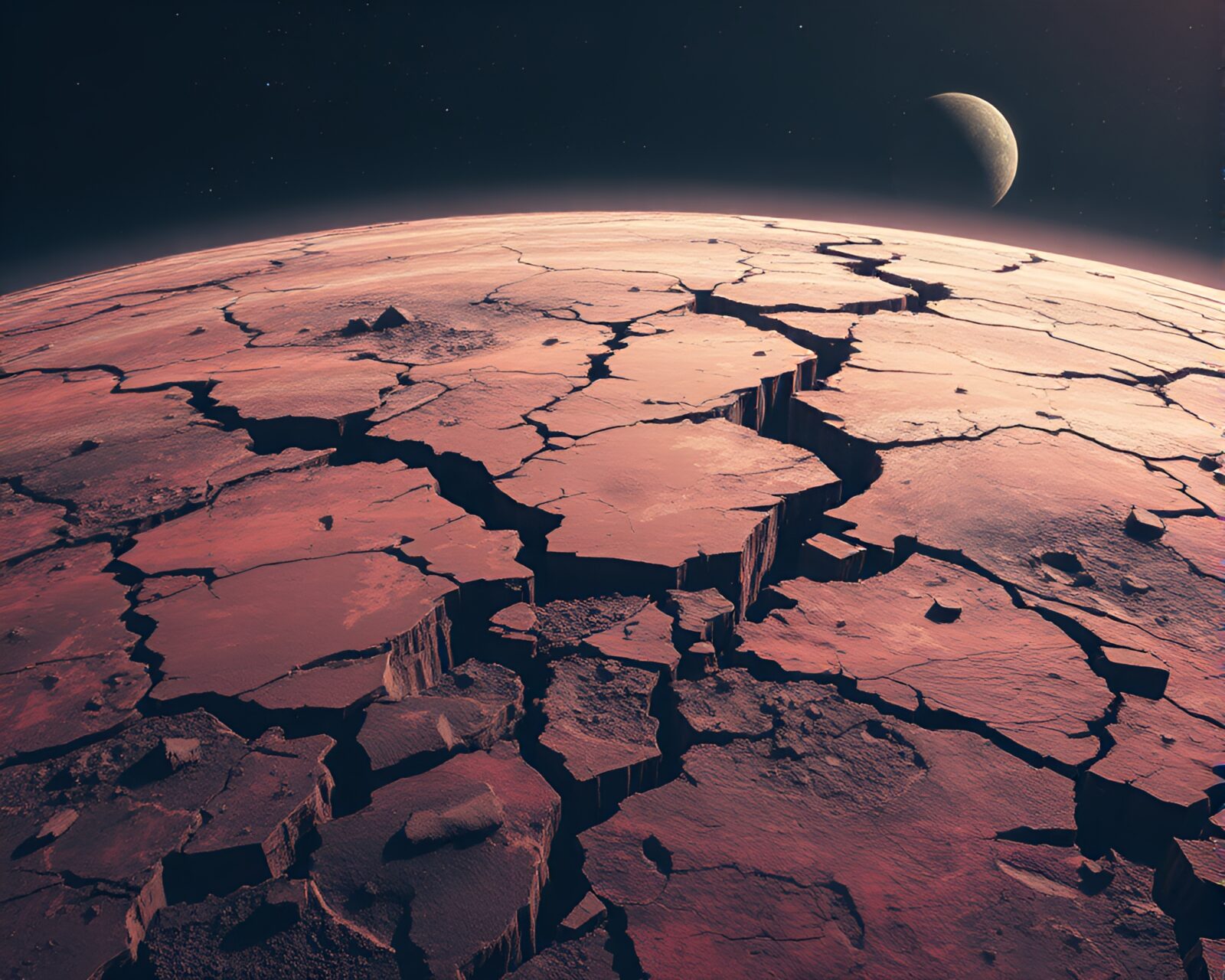 Muted and desaturated fractured planet surface in glitch art