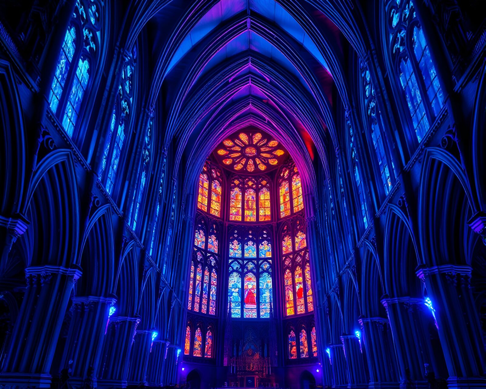 Gothic cathedral interior illuminated by bioluminescent fungi and plants