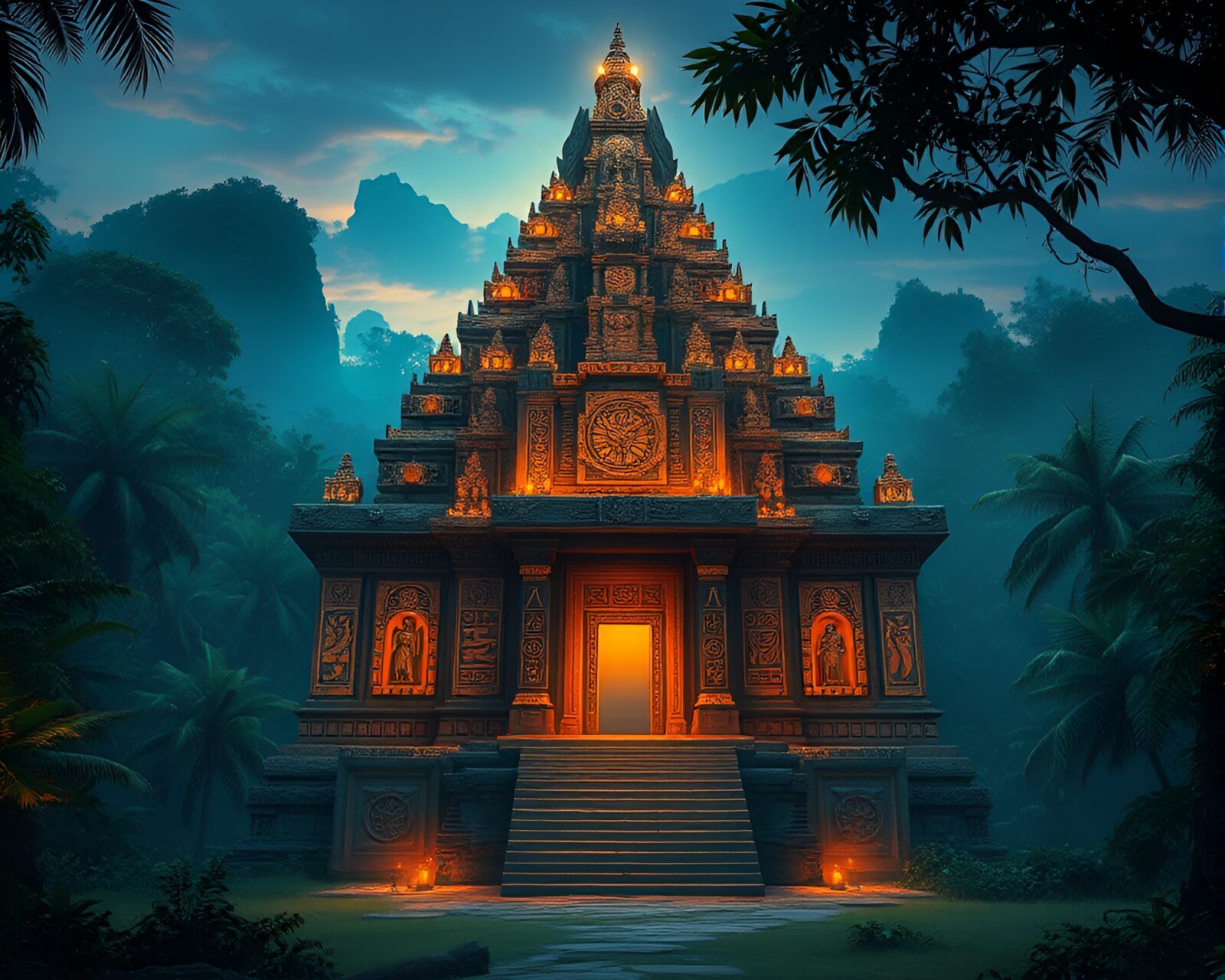 Detailed charcoal sketch of ancient temple in twilight jungle setting