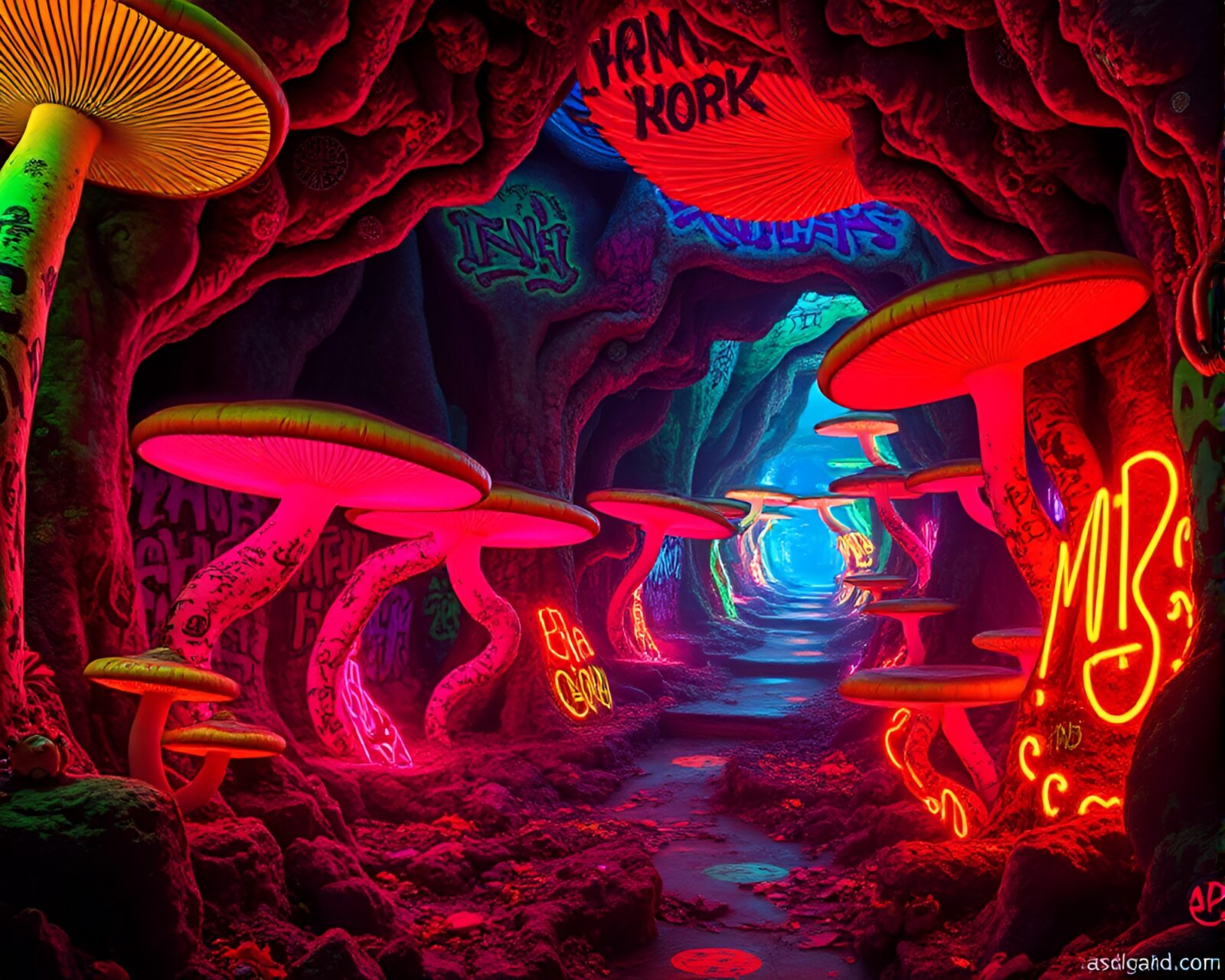 Colorful graffiti decorating vibrant fungus forest underground scene.