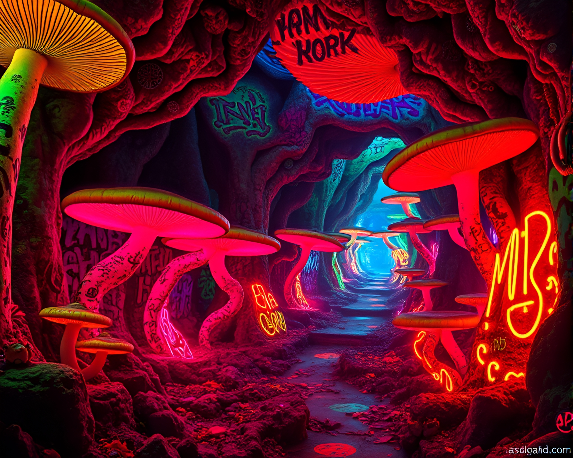 Vibrant Neon Graffiti in Subterranean Fungus Forest – free AI stock image