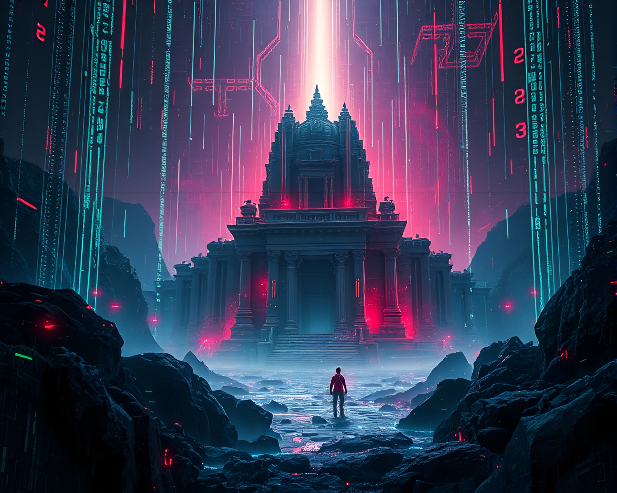 Eerie Ancient Structure in Glitched Digital Realm – free AI stock image
