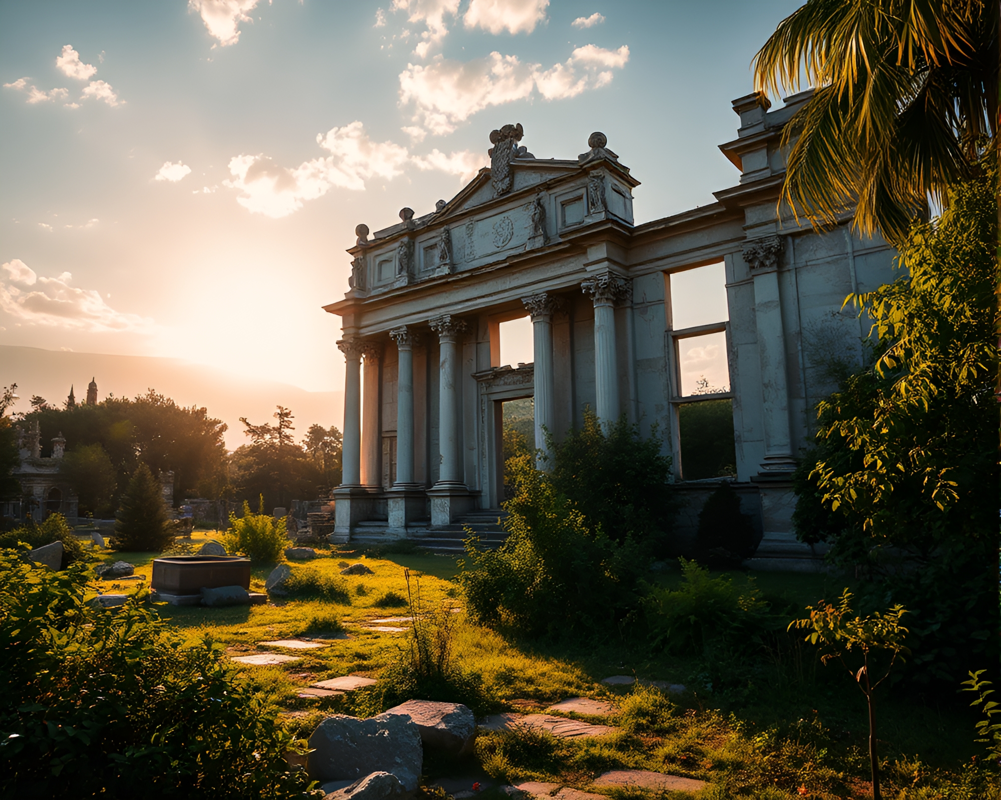 Majestic Marble Palace in Ruins Amid Nature’s Beauty – free AI stock image