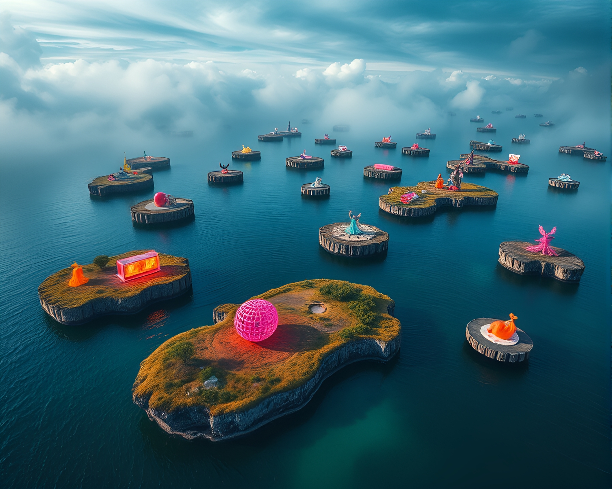 Futuristic Floating Islands with Vibrant Art Installations – free AI stock image