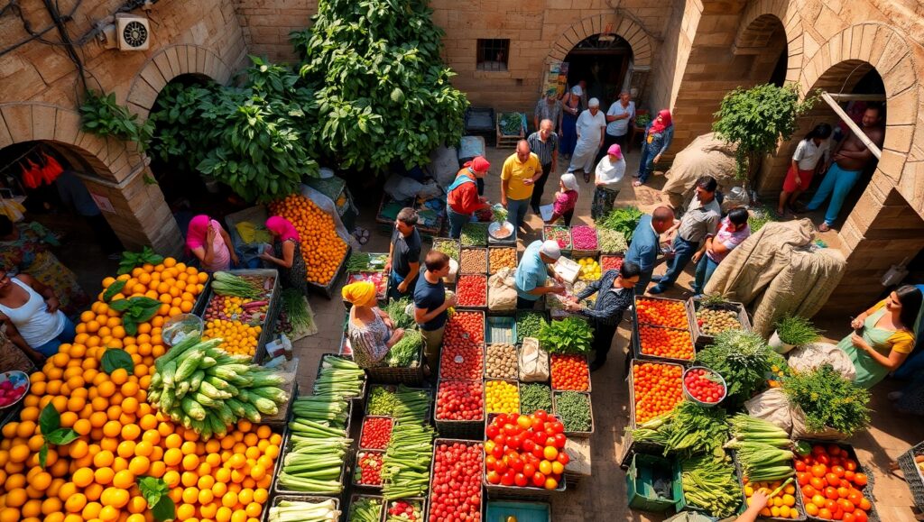 Above the Vibrant Market Scene – free AI stock image