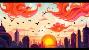 Abstract Cityscape at Sunset – free AI stock image