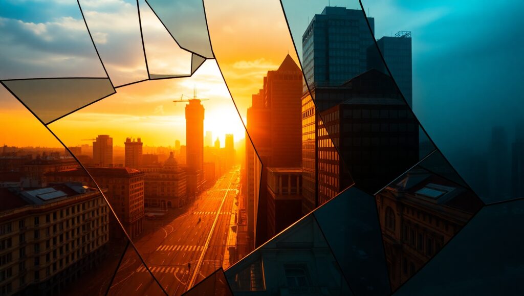 Abstract Dawn in a Fragmented City – free AI stock image