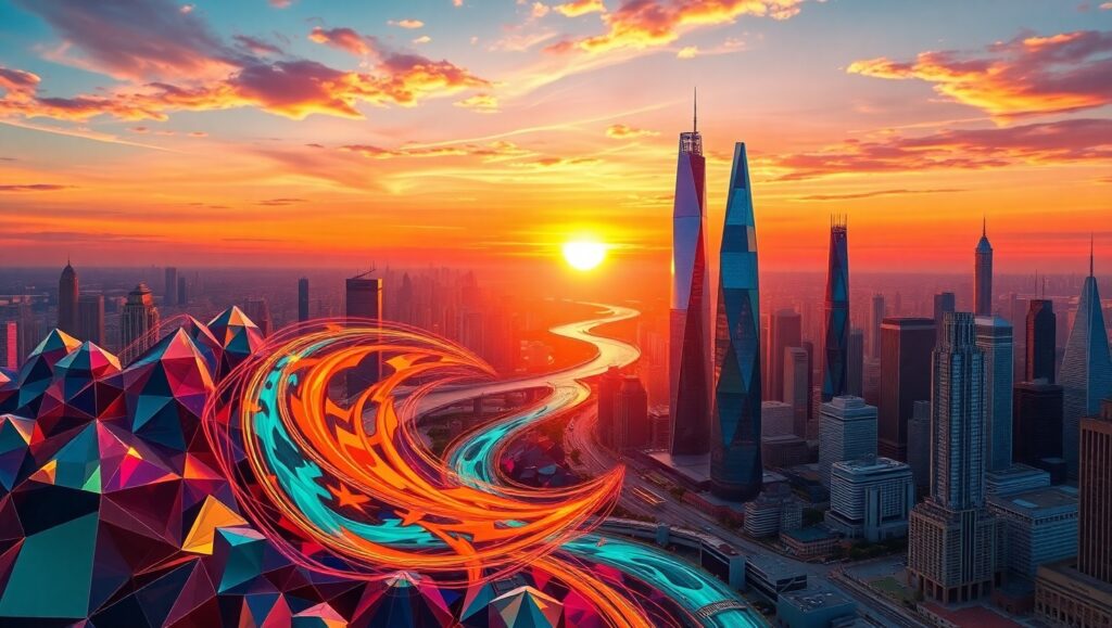 Abstract Geometric City Sunset – free AI stock image