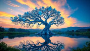 Abstract Geometric Tree at Sunset – free AI stock image