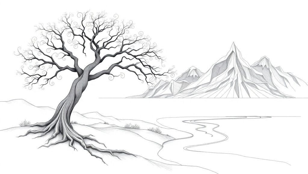 Abstract Tree and Geometric Landscape – free AI stock image