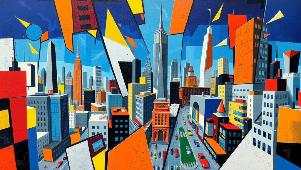 Abstract Urban Chaos in Cubism – free AI stock image