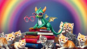 Adorable Dragon and Kittens Reading Fun – free AI stock image