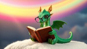 Adorable Dragon Reading Under Rainbow – free AI stock image