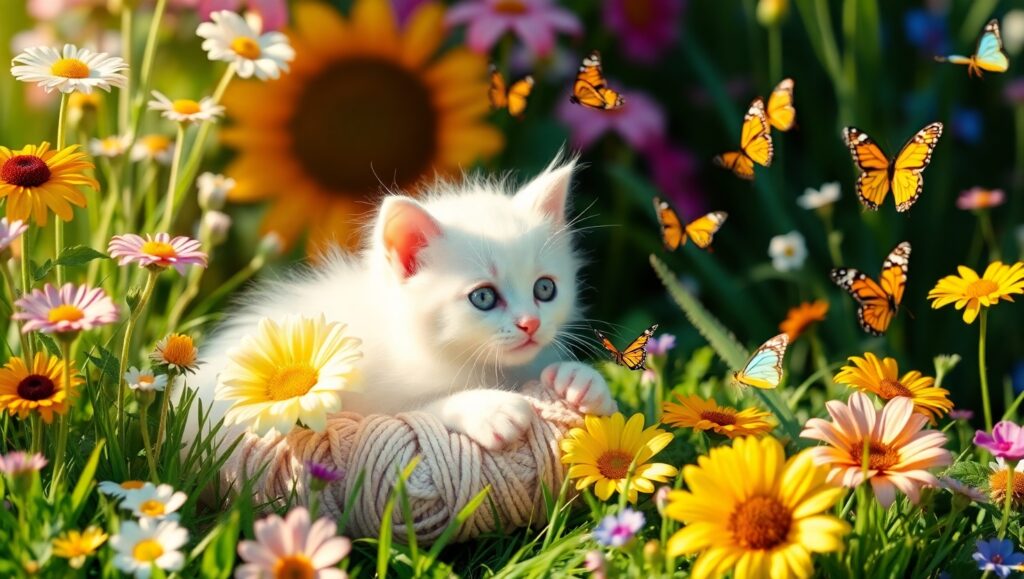 Adorable Kitten in a Flower Garden – free AI stock image