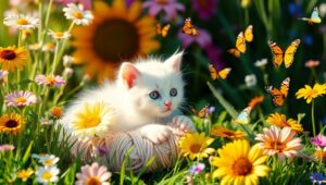 Adorable Kitten in a Flower Garden – free AI stock image