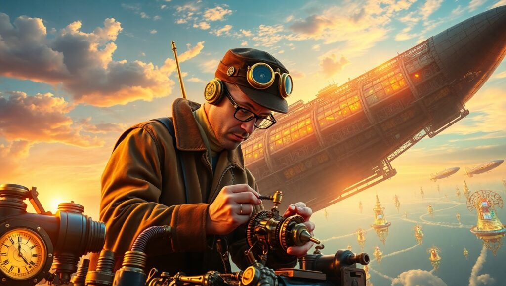 Adventures of the Clockwork Skyship – free AI stock image