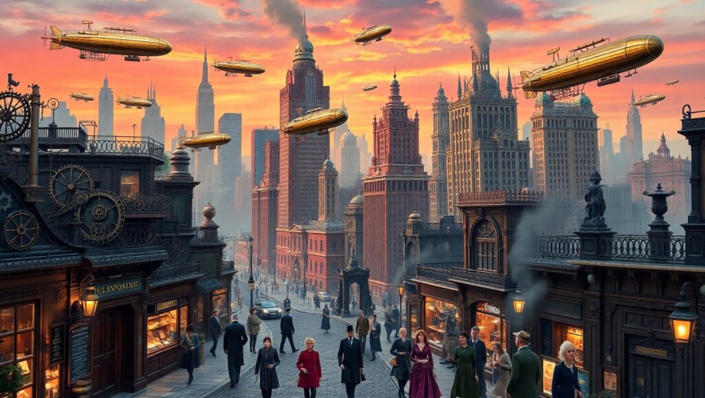 Aerial Adventures in Steampunk City – free AI stock image