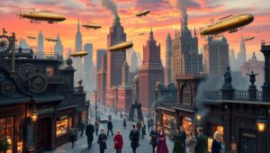 Aerial Adventures in Steampunk City – free AI stock image