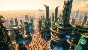 Aerial View of Future City Life – free AI stock image