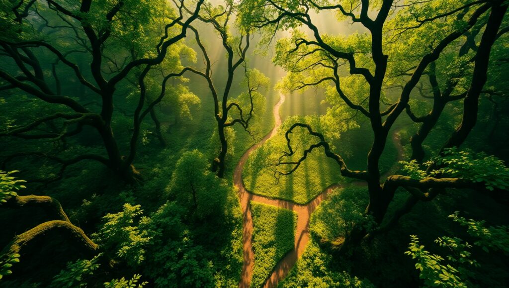 Aerial View of Sunlit Forest Trails – free AI stock image
