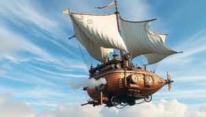 Airship Adventure in Steampunk Skies – free AI stock image