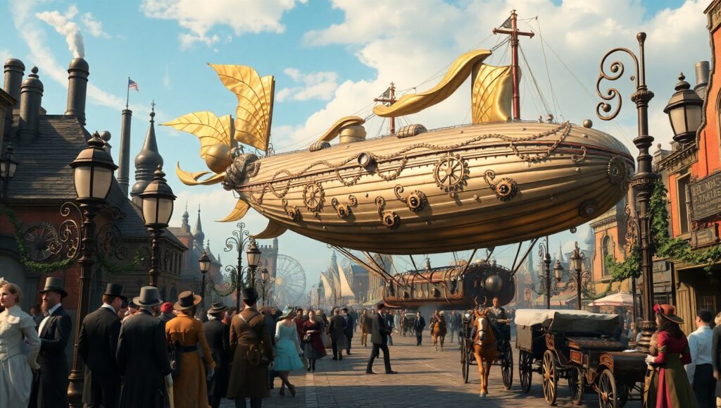 Airship Docking in Steampunk City – free AI stock image