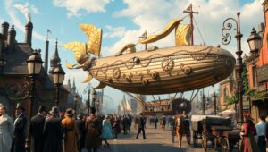 Airship Docking in Steampunk City – free AI stock image