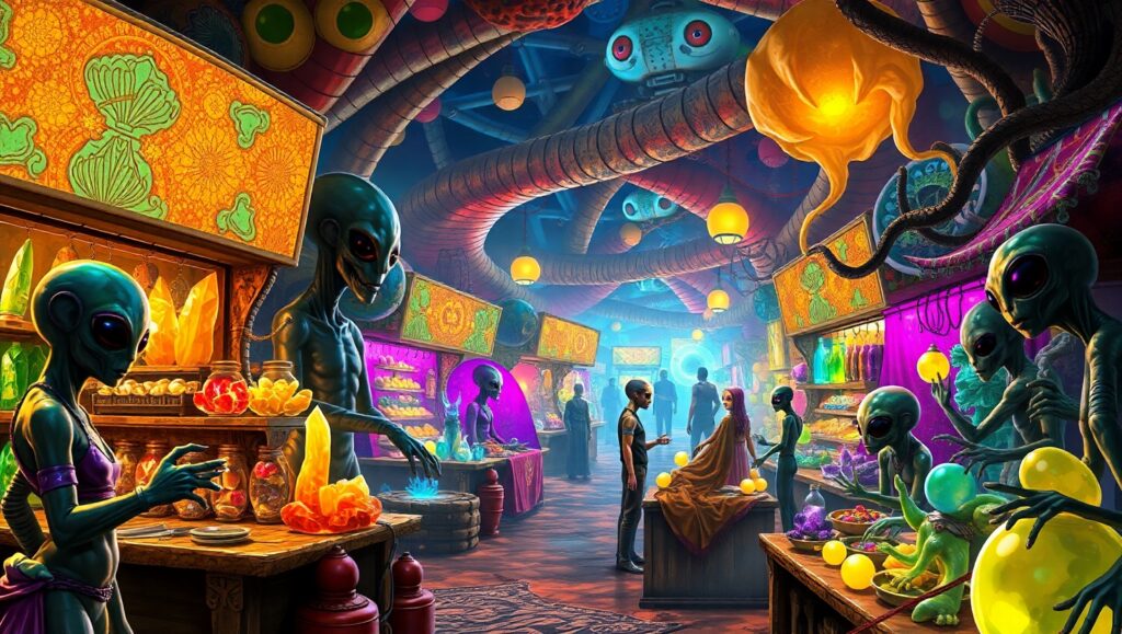 Alien Marketplace in Vibrant Colors – free AI stock image
