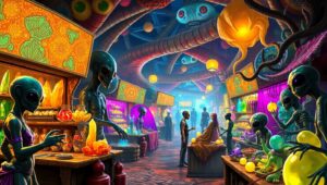 Alien Marketplace in Vibrant Colors – free AI stock image