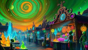 Alien Marketplace Under Colorful Skies – free AI stock image