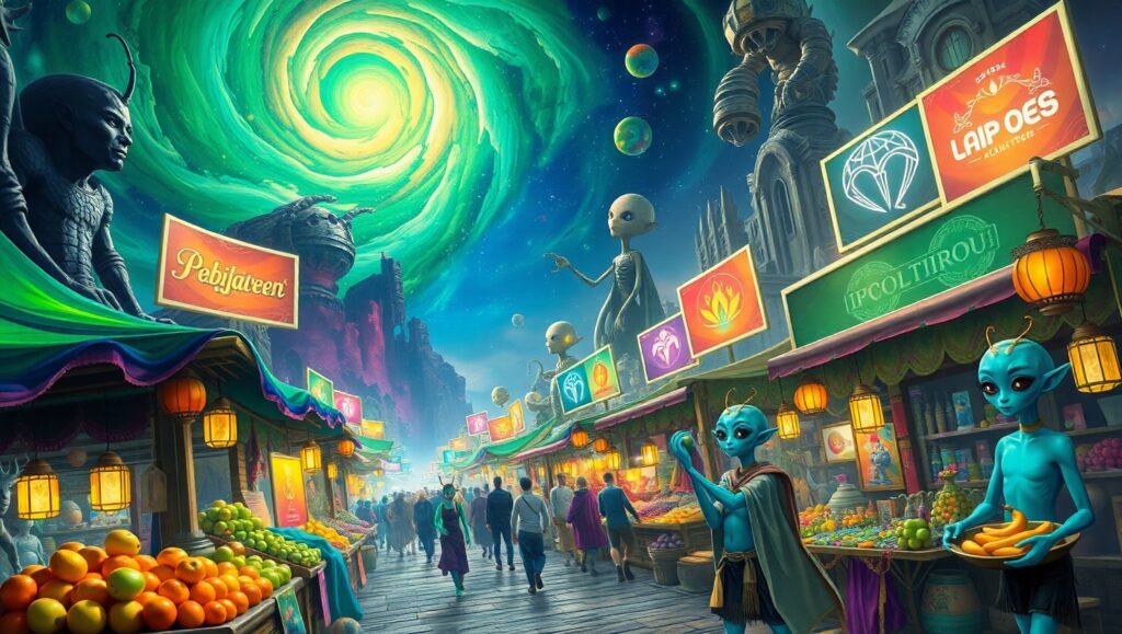 Alien Marketplace Under Nebula Sky – free AI stock image