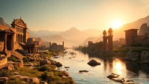 Ancient City in Serene Bronze Landscape – free AI stock image