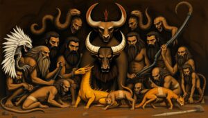 Ancient Hunters and Mystical Creatures – free AI stock image