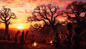 Ancient Hunters by the Fire – free AI stock image