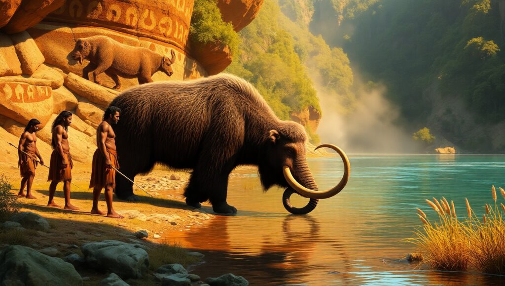 Ancient Hunters by the River – free AI stock image