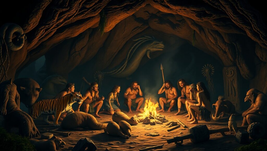 Ancient Hunting Ritual in Cave Art – free AI stock image