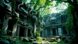 Ancient Jungle Ruins of Mythical Creatures – free AI stock image