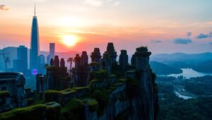 Ancient Meets Future at Sunset – free AI stock image