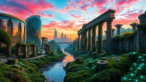 Ancient Meets Future at Twilight – free AI stock image