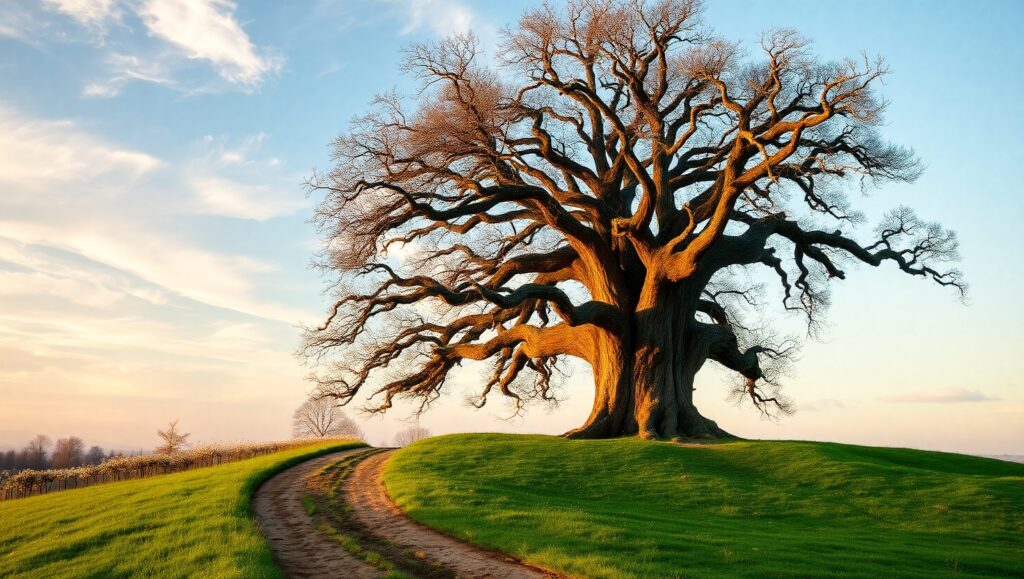 Ancient Oak Under Rolling Clouds – free AI stock image