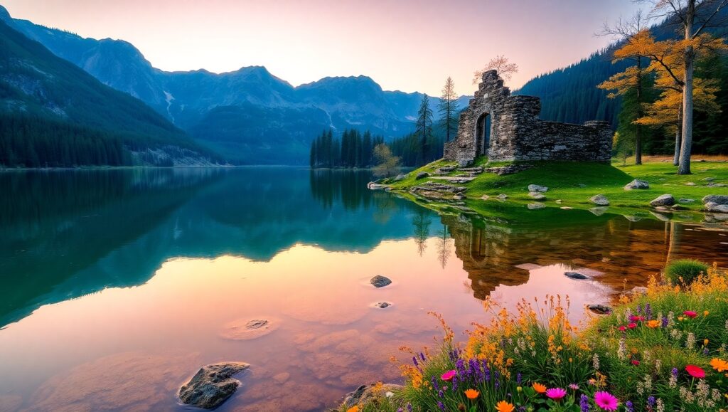 Ancient Ruins at Sunset – free AI stock image