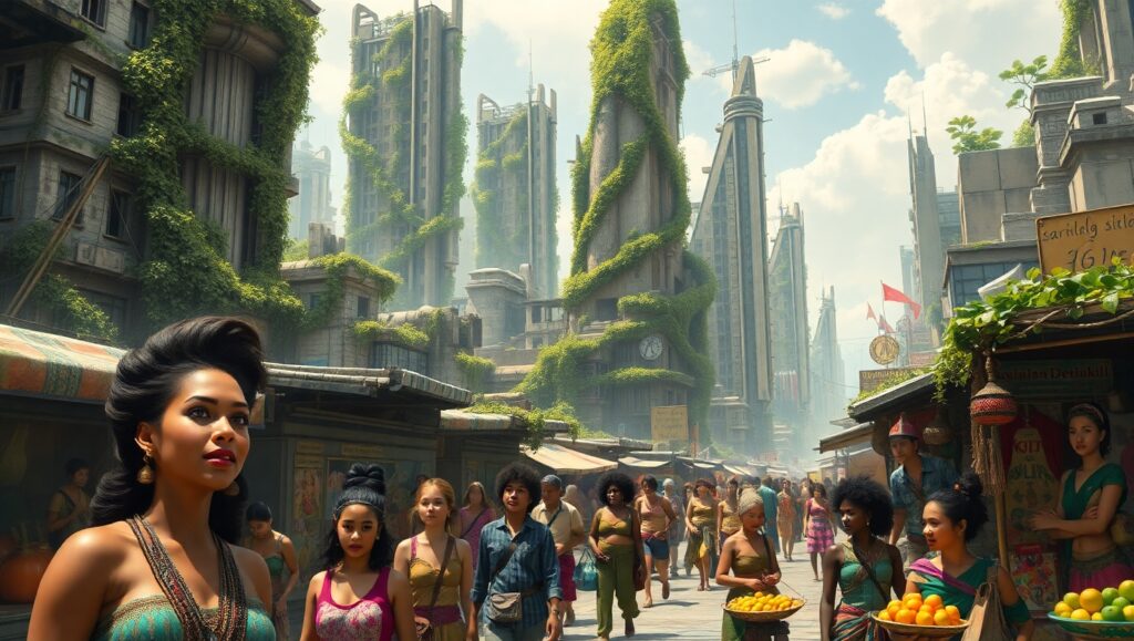 Ancient Ruins in a Future City – free AI stock image