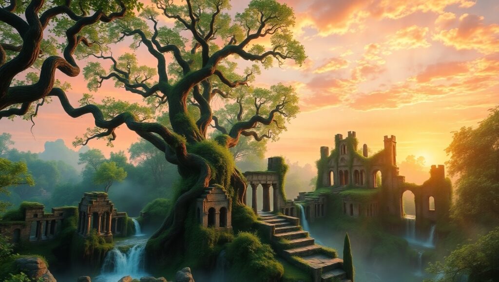 Ancient Ruins in a Lush Landscape – free AI stock image